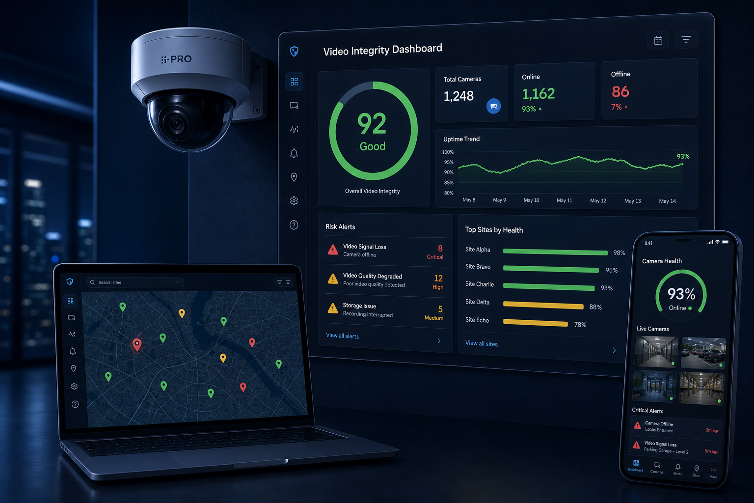 Video Integrity Dashboard with camera, laptop, and phone mockups showing system health metrics