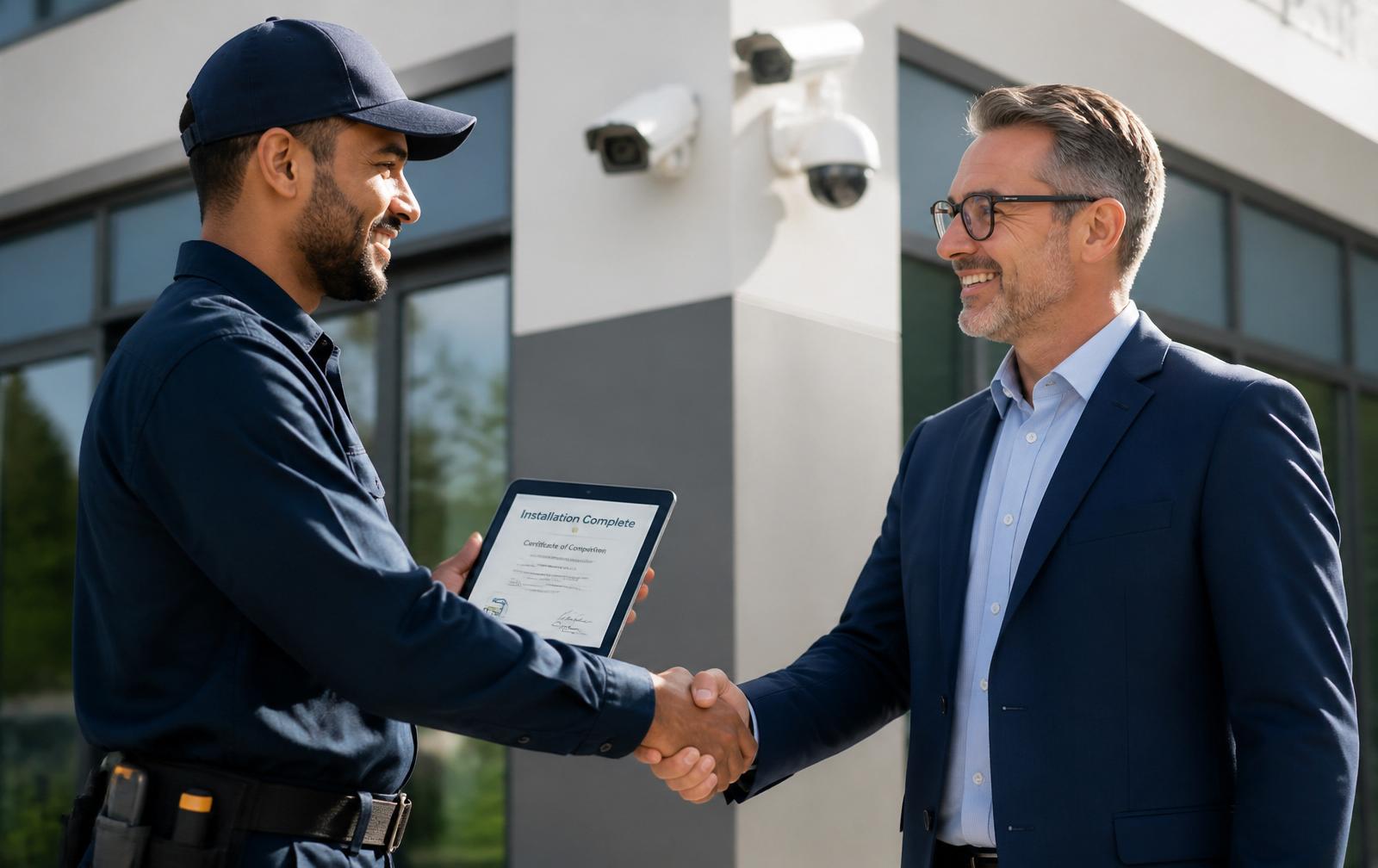 Technician and customer shaking hands after certified system handover