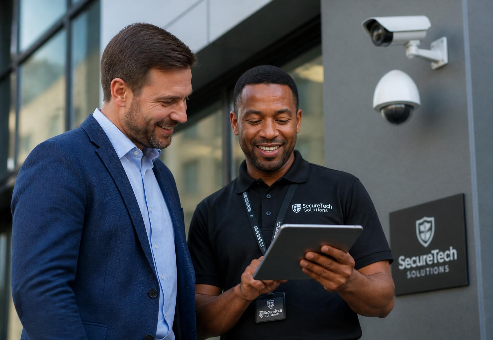 Technician reviewing completed installation with customer on a tablet