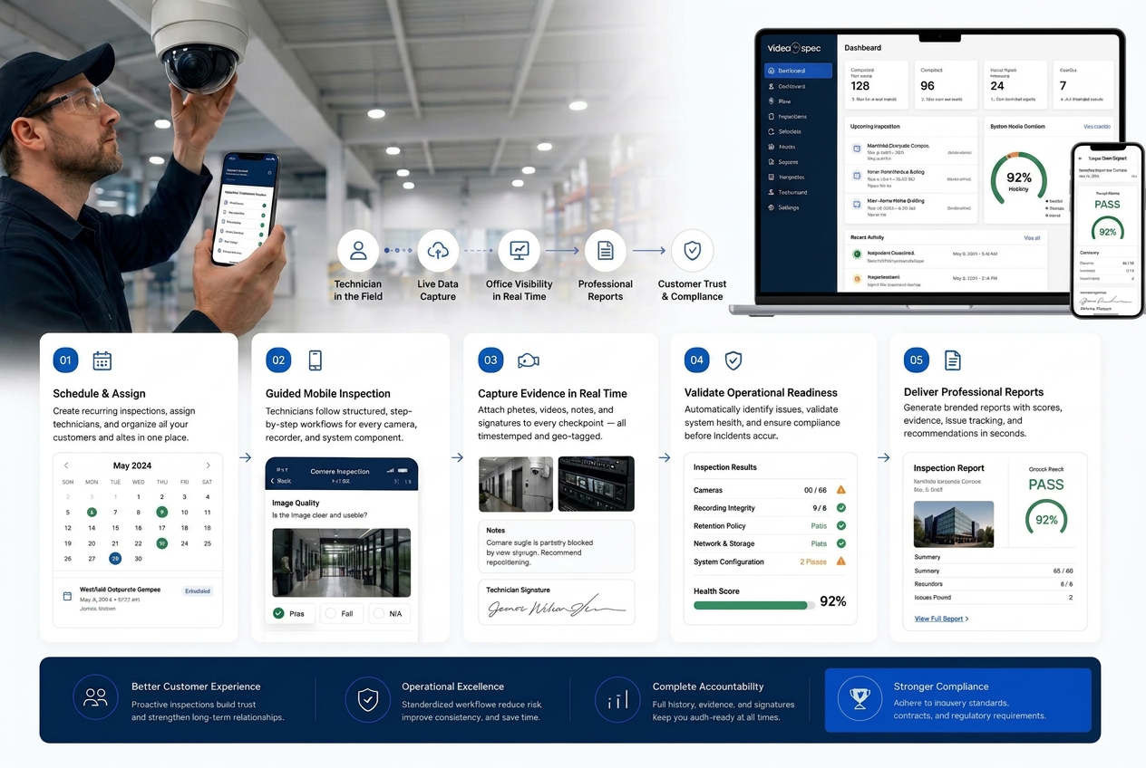 How VideoNSpec works: technician in the field, live data capture, office visibility, professional reports, and customer trust & compliance.