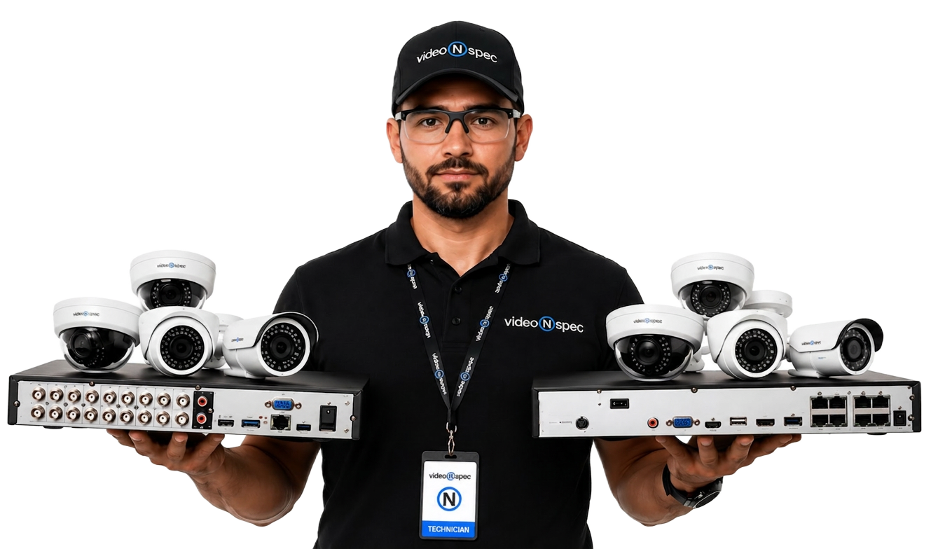 VideoNSpec certified technician holding cameras and recorders