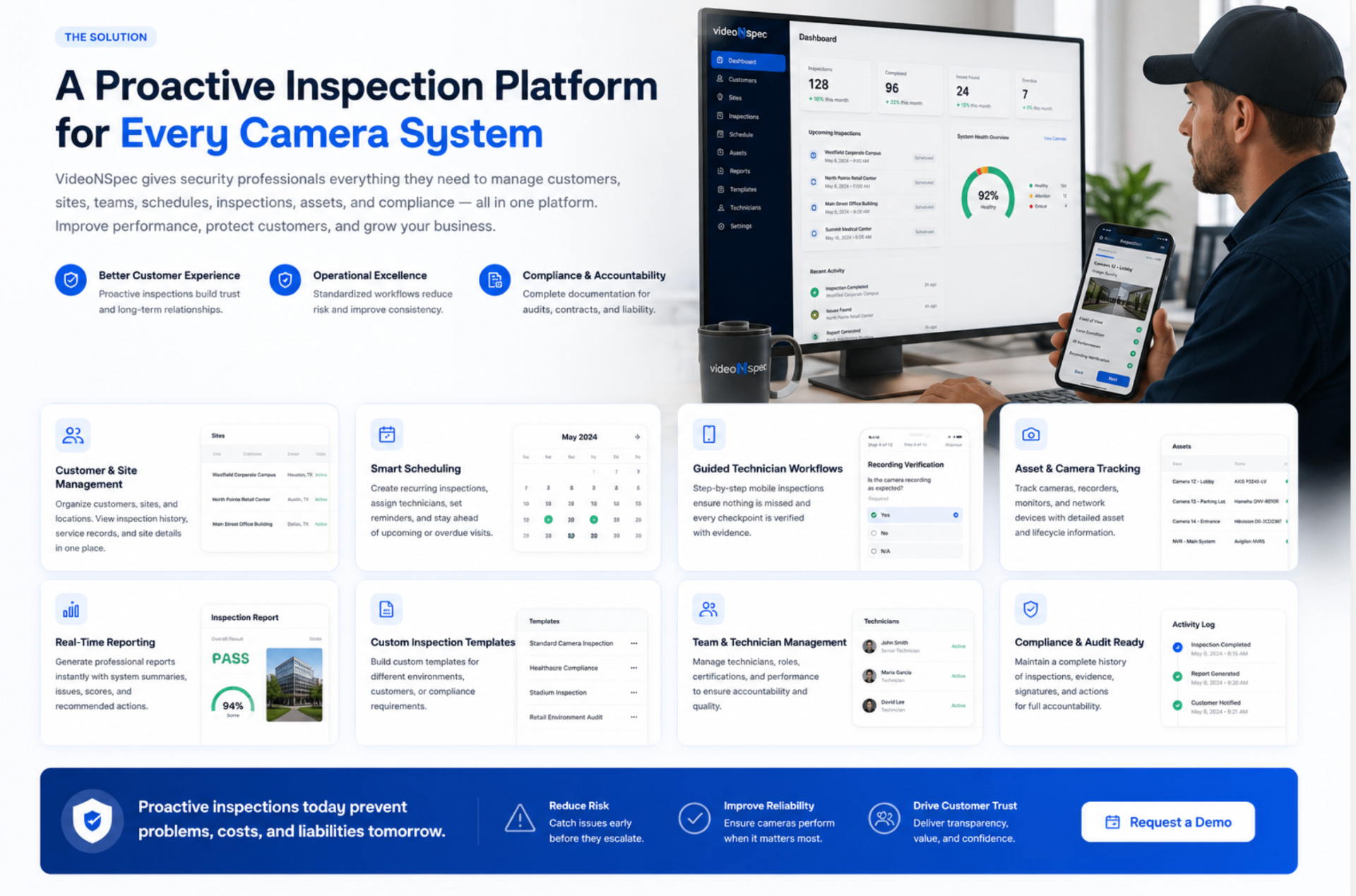 VideoNSpec proactive inspection platform — dashboard, mobile workflows, scheduling, asset tracking, reporting, and compliance